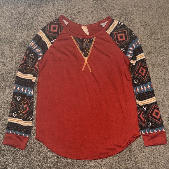 7th Ray Tops - 7th Ray Red and Patterned Long Sleeve Top